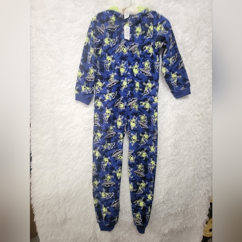The Children's Place Kids Blue and Green Space Alien,Hoodie Onies Zip PJs 10/12